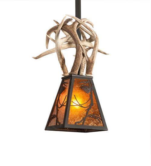 Meyda Lighting Whispering Pines 17" Costello Black Antler Pendant Light With Amber Mica Shade Glass