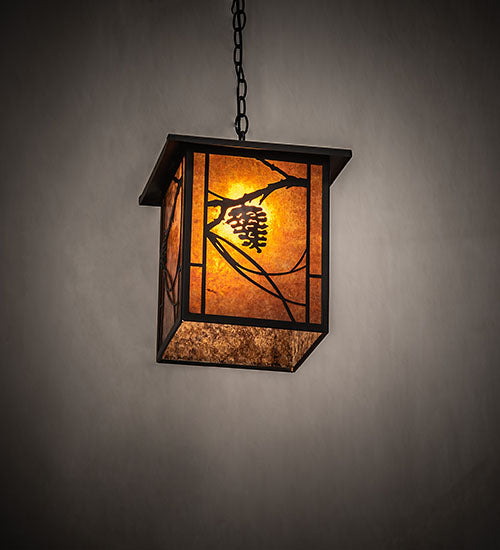 Meyda Lighting Whispering Pines 17" Wrought Iron Pendant Light With Amber Mica Shade Glass