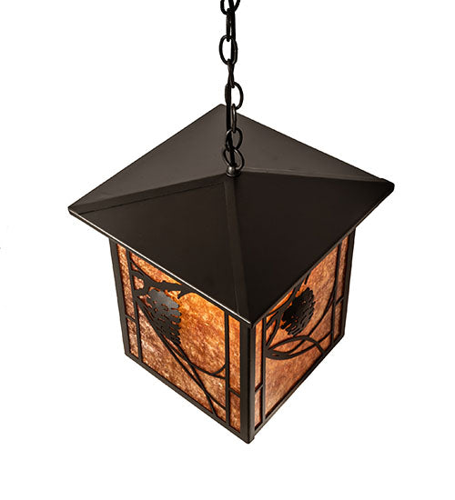 Meyda Lighting Whispering Pines 17" Wrought Iron Pendant Light With Amber Mica Shade Glass