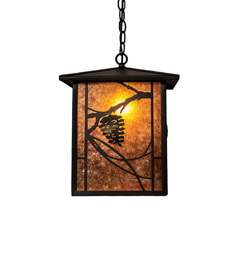 Meyda Lighting Whispering Pines 17" Wrought Iron Pendant Light With Amber Mica Shade Glass