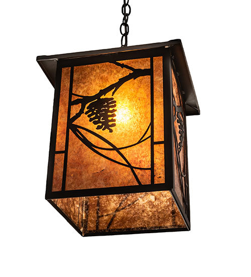 Meyda Lighting Whispering Pines 17" Wrought Iron Pendant Light With Amber Mica Shade Glass