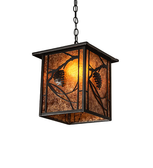 Meyda Lighting Whispering Pines 17" Wrought Iron Pendant Light With Amber Mica Shade Glass