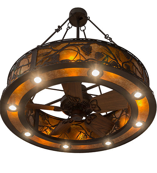 Meyda Lighting Whispering Pines 181388 45" 16-Light Oil Rubbed Bronze Chandelier With Amber Mica Shade Glass and Fan
