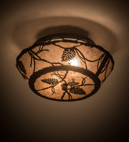Meyda Lighting Whispering Pines 186439 17" 2-Light Oil Rubbed Bronze Flush Mount Light With Silver Mica Shade Glass