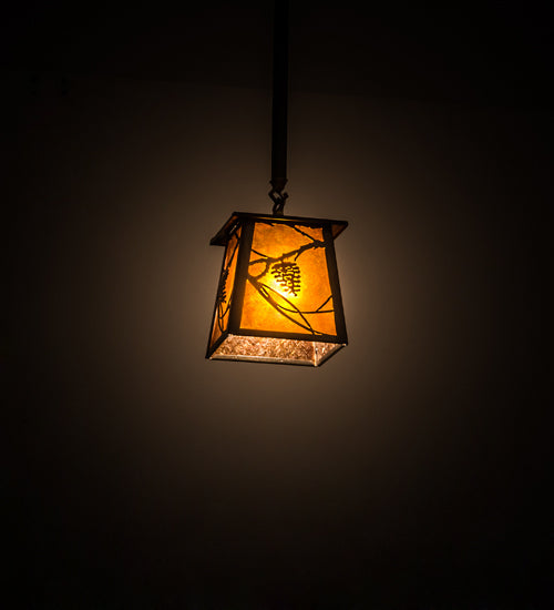Meyda Lighting Whispering Pines 187586 10" Antique Copper Mini Pendant Light With Amber Mica Shade Glass