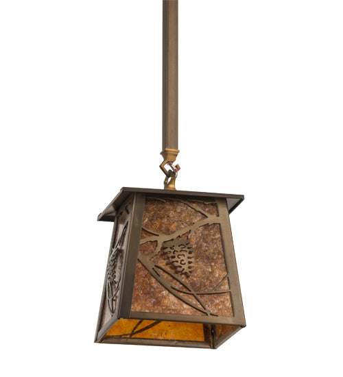 Meyda Lighting Whispering Pines 187586 10" Antique Copper Mini Pendant Light With Amber Mica Shade Glass