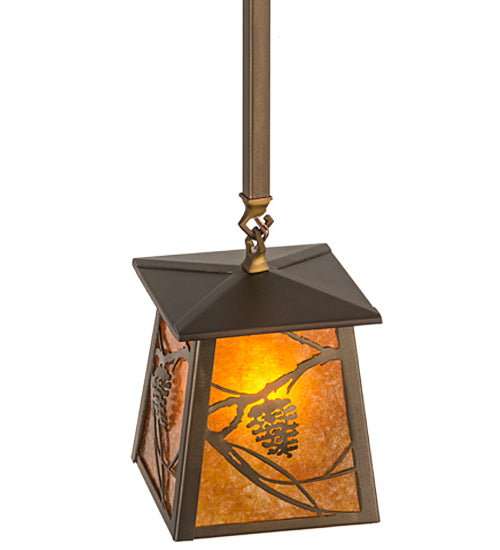 Meyda Lighting Whispering Pines 187586 10" Antique Copper Mini Pendant Light With Amber Mica Shade Glass
