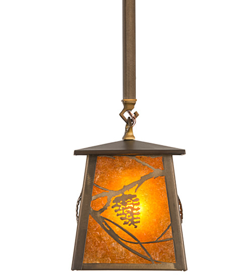 Meyda Lighting Whispering Pines 187586 10" Antique Copper Mini Pendant Light With Amber Mica Shade Glass