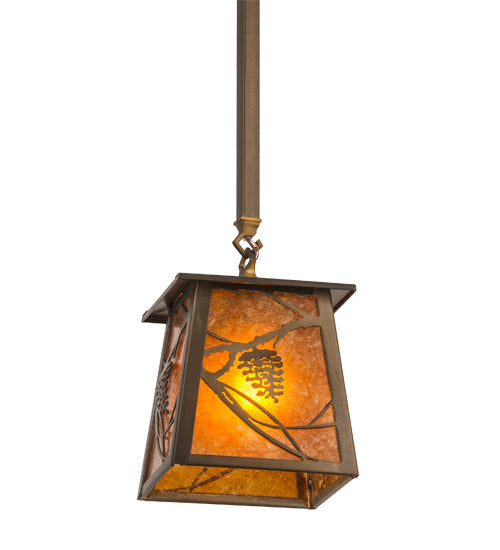 Meyda Lighting Whispering Pines 187586 10" Antique Copper Mini Pendant Light With Amber Mica Shade Glass