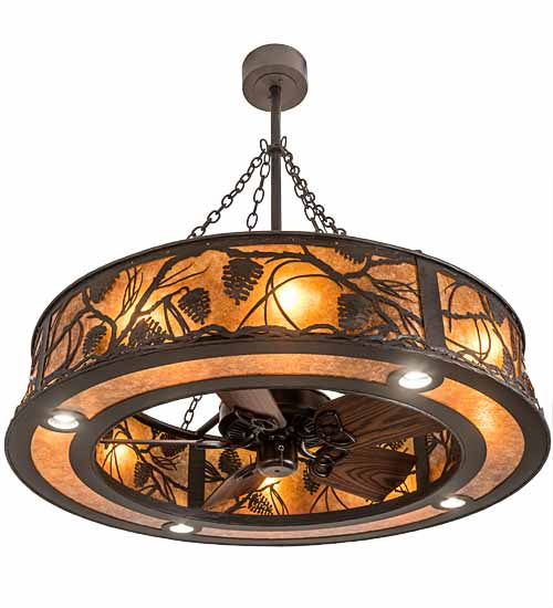 Meyda Lighting Whispering Pines 191879 45" 12-Light Oil Rubbed Bronze Chandelier With Amber Mica Shade Glass and Fan