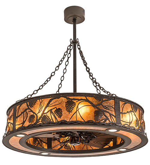 Meyda Lighting Whispering Pines 191879 45" 12-Light Oil Rubbed Bronze Chandelier With Amber Mica Shade Glass and Fan
