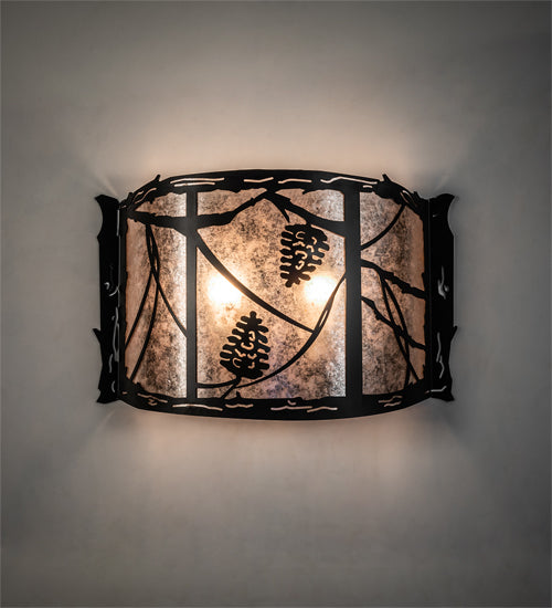 Meyda Lighting Whispering Pines 20" 2-Light Solar Black Wall Sconce With Silver Mica Shade Glass