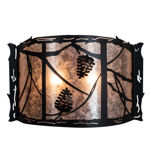 Meyda Lighting Whispering Pines 20" 2-Light Solar Black Wall Sconce With Silver Mica Shade Glass