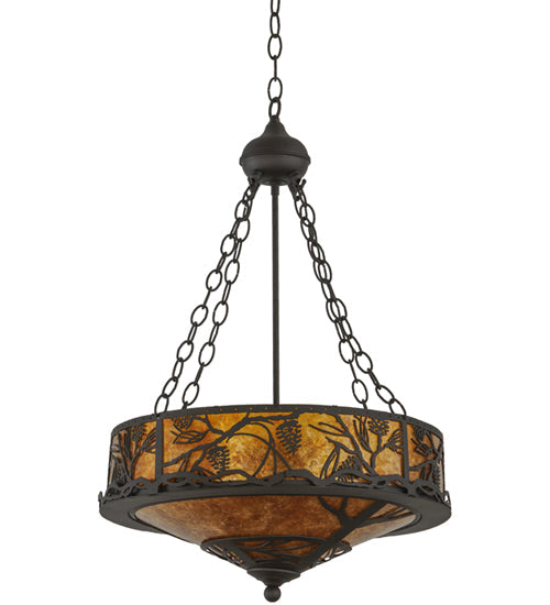 Meyda Lighting Whispering Pines 20" 4-Light Oil Rubbed Bronze Inverted Pendant Light With Amber Mica Shade Glass