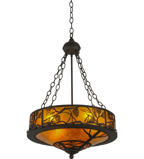 Meyda Lighting Whispering Pines 20" 4-Light Oil Rubbed Bronze Inverted Pendant Light With Amber Mica Shade Glass
