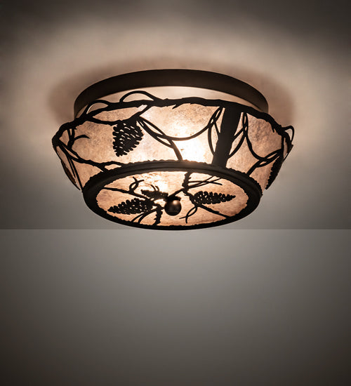 Meyda Lighting Whispering Pines 211891 12" 2-Light Oil Rubbed Bronze Flush Mount Light With Silver Mica Shade Glass