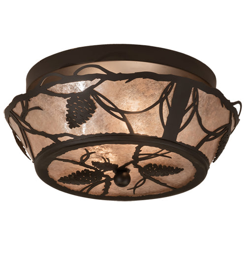 Meyda Lighting Whispering Pines 211891 12" 2-Light Oil Rubbed Bronze Flush Mount Light With Silver Mica Shade Glass