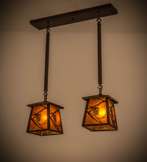 Meyda Lighting Whispering Pines 24" 2-Light Antique Copper Island Pendant Light With Amber Mica Shade Glass