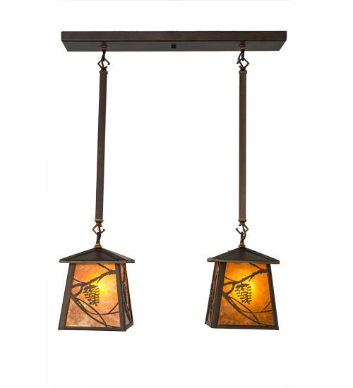Meyda Lighting Whispering Pines 24" 2-Light Antique Copper Island Pendant Light With Amber Mica Shade Glass