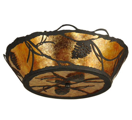 Meyda Lighting Whispering Pines 24" 4-Light Chestnut Flush Mount Light With Amber Mica Shade Glass