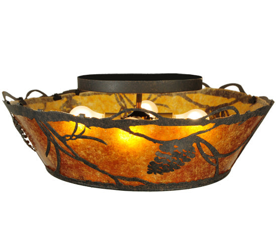 Meyda Lighting Whispering Pines 24" 4-Light Chestnut Flush Mount Light With Amber Mica Shade Glass
