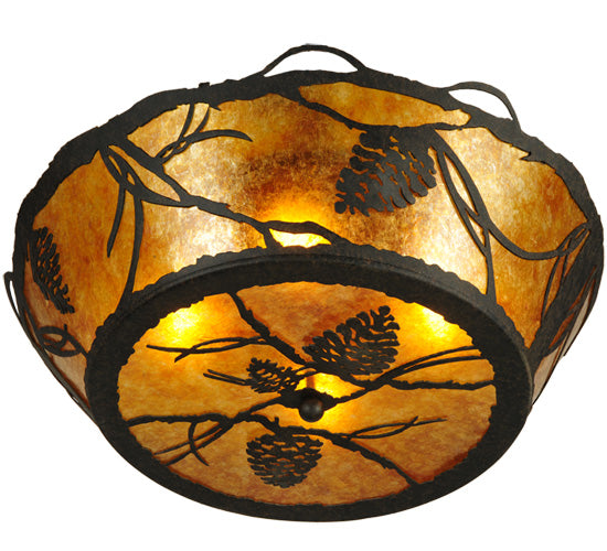 Meyda Lighting Whispering Pines 24" 4-Light Chestnut Flush Mount Light With Amber Mica Shade Glass