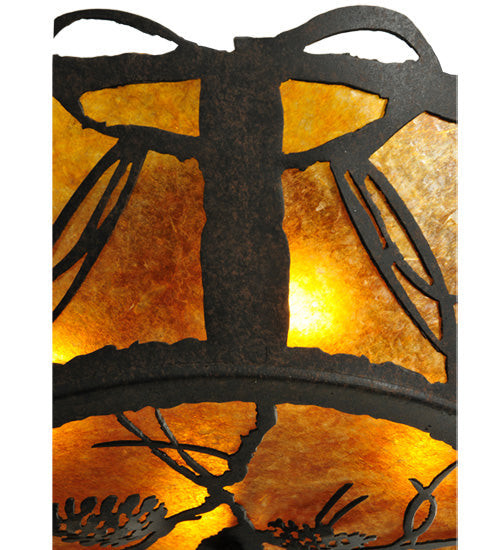 Meyda Lighting Whispering Pines 24" 4-Light Chestnut Flush Mount Light With Amber Mica Shade Glass