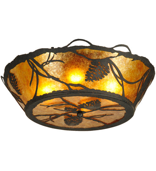 Meyda Lighting Whispering Pines 24" 4-Light Chestnut Flush Mount Light With Amber Mica Shade Glass