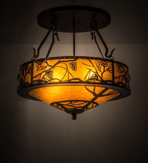 Meyda Lighting Whispering Pines 24" 4-Light Copper Vein Inverted Pendant Light With Amber Mica Shade Glass