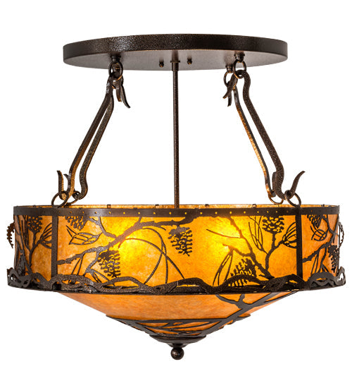 Meyda Lighting Whispering Pines 24" 4-Light Copper Vein Inverted Pendant Light With Amber Mica Shade Glass