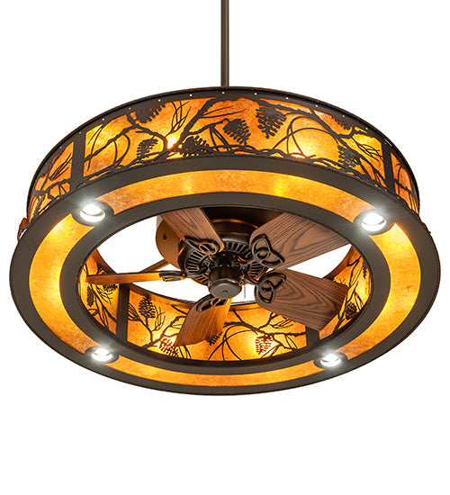 Meyda Lighting Whispering Pines 243542 44" 16-Light Oil Rubbed Bronze Chandelier With Amber Mica Shade Glass and Fan