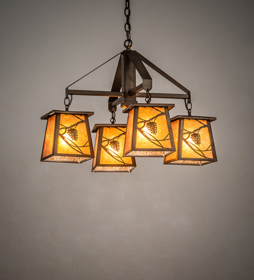 Meyda Lighting Whispering Pines 28" 4-Light Antique Copper Chandelier With Amber Mica Shade Glass