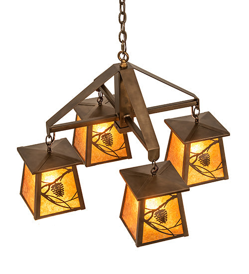 Meyda Lighting Whispering Pines 28" 4-Light Antique Copper Chandelier With Amber Mica Shade Glass