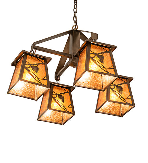 Meyda Lighting Whispering Pines 28" 4-Light Antique Copper Chandelier With Amber Mica Shade Glass