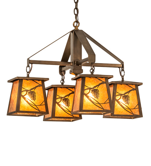 Meyda Lighting Whispering Pines 28" 4-Light Antique Copper Chandelier With Amber Mica Shade Glass