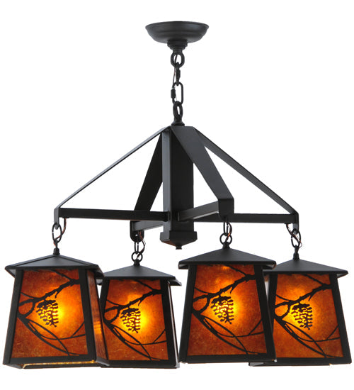 Meyda Lighting Whispering Pines 28" 4-Light Oil Rubbed Bronze Chandelier With Amber Mica Shade Glass