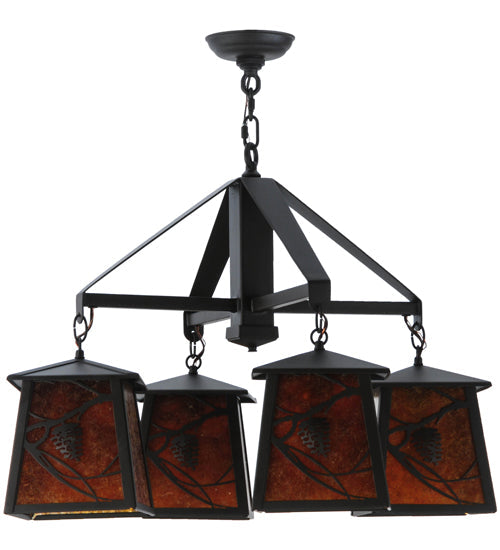 Meyda Lighting Whispering Pines 28" 4-Light Oil Rubbed Bronze Chandelier With Amber Mica Shade Glass