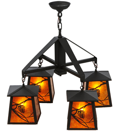 Meyda Lighting Whispering Pines 28" 4-Light Oil Rubbed Bronze Chandelier With Amber Mica Shade Glass