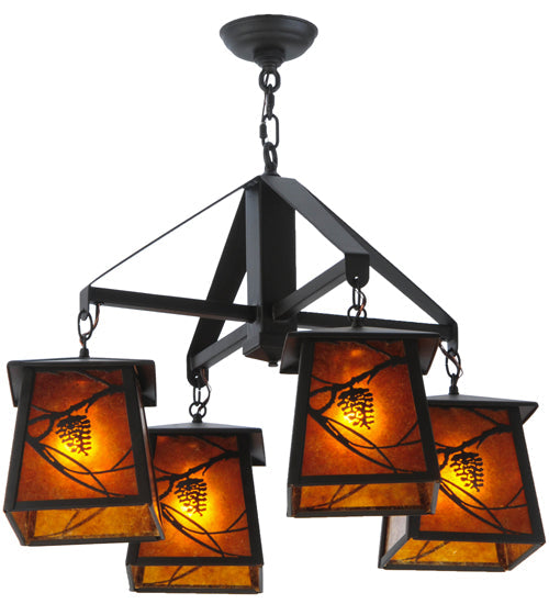 Meyda Lighting Whispering Pines 28" 4-Light Oil Rubbed Bronze Chandelier With Amber Mica Shade Glass