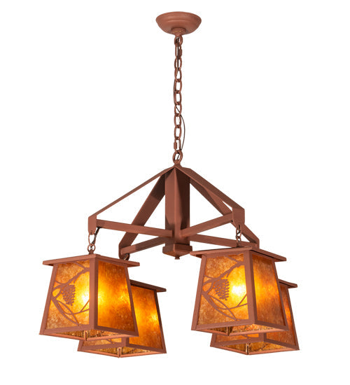 Meyda Lighting Whispering Pines 28" 4-Light Rust Chandelier With Amber Mica Shade Glass