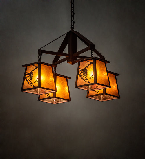 Meyda Lighting Whispering Pines 28" 4-Light Rust Chandelier With Amber Mica Shade Glass