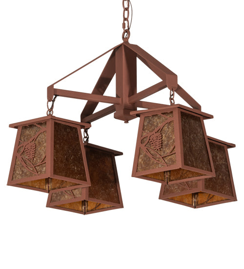 Meyda Lighting Whispering Pines 28" 4-Light Rust Chandelier With Amber Mica Shade Glass