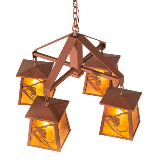 Meyda Lighting Whispering Pines 28" 4-Light Rust Chandelier With Amber Mica Shade Glass