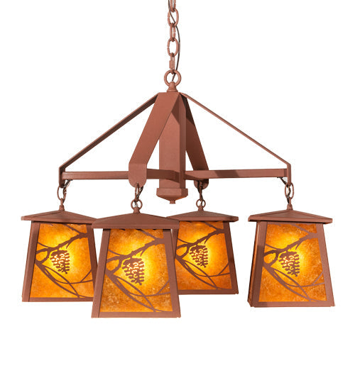 Meyda Lighting Whispering Pines 28" 4-Light Rust Chandelier With Amber Mica Shade Glass