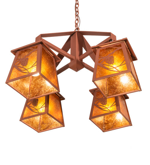 Meyda Lighting Whispering Pines 28" 4-Light Rust Chandelier With Amber Mica Shade Glass