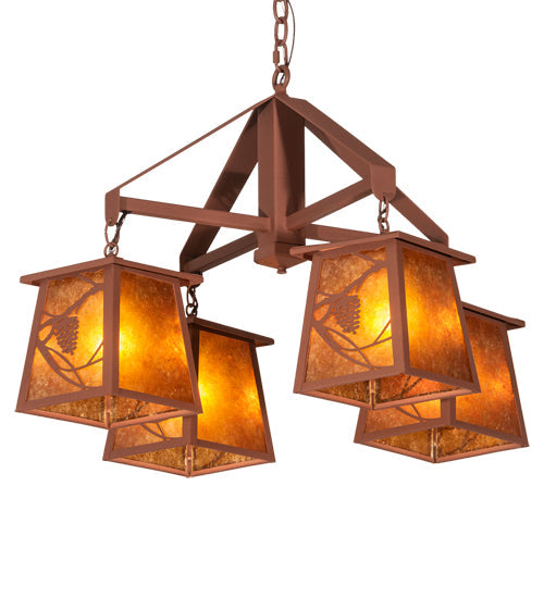 Meyda Lighting Whispering Pines 28" 4-Light Rust Chandelier With Amber Mica Shade Glass