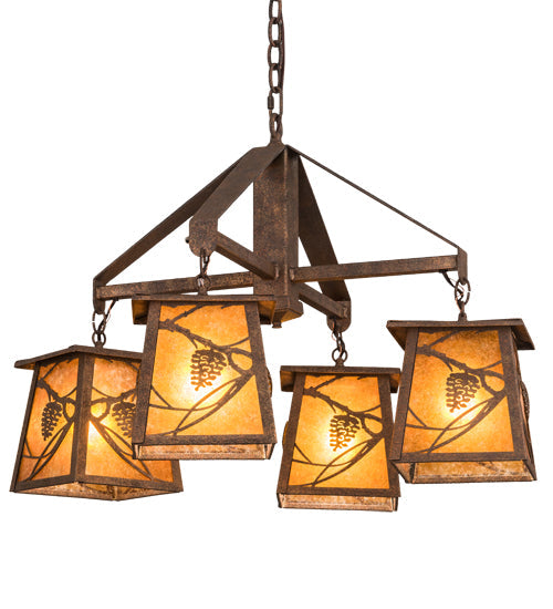 Meyda Lighting Whispering Pines 28 4-Light Rust Rococco Chandelier With Amber Mica Shade Glass