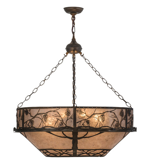 Meyda Lighting Whispering Pines 30" 8-Light Dark Burnished Antique Copper Inverted Pendant Light With Silver Mica Shade Glass