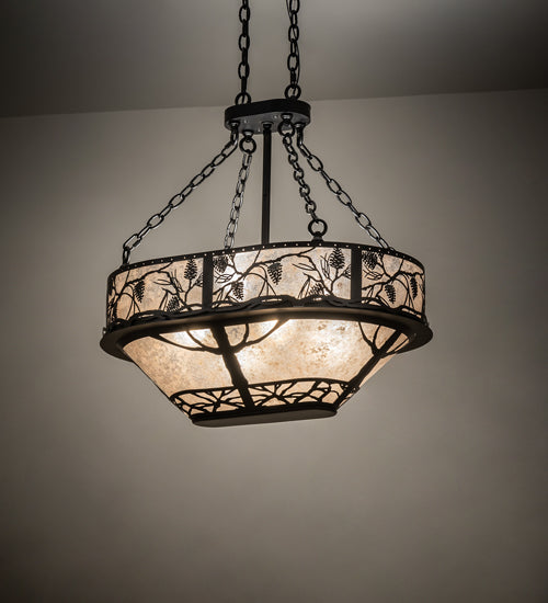 Meyda Lighting Whispering Pines 30" 8-Light Satin Black Wrought Iron Island Inverted Pendant Light With Silver Mica Shade Glass