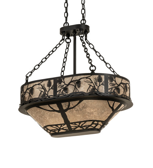 Meyda Lighting Whispering Pines 30" 8-Light Satin Black Wrought Iron Island Inverted Pendant Light With Silver Mica Shade Glass
